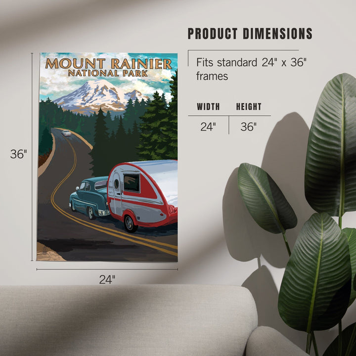 Mount Rainier National Park, Washington, Retro Camper on Road, Art & Giclee Prints Art Lantern Press 