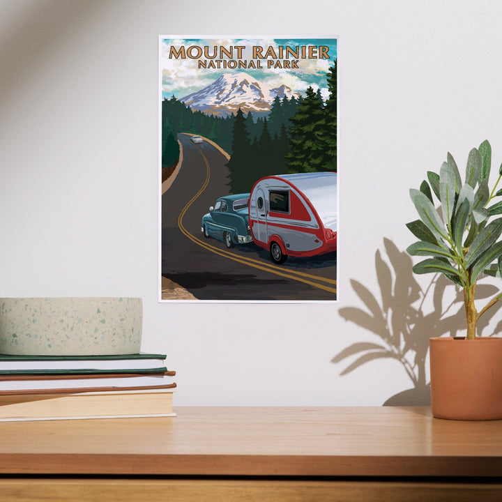 Mount Rainier National Park, Washington, Retro Camper on Road, Art & Giclee Prints Art Lantern Press 
