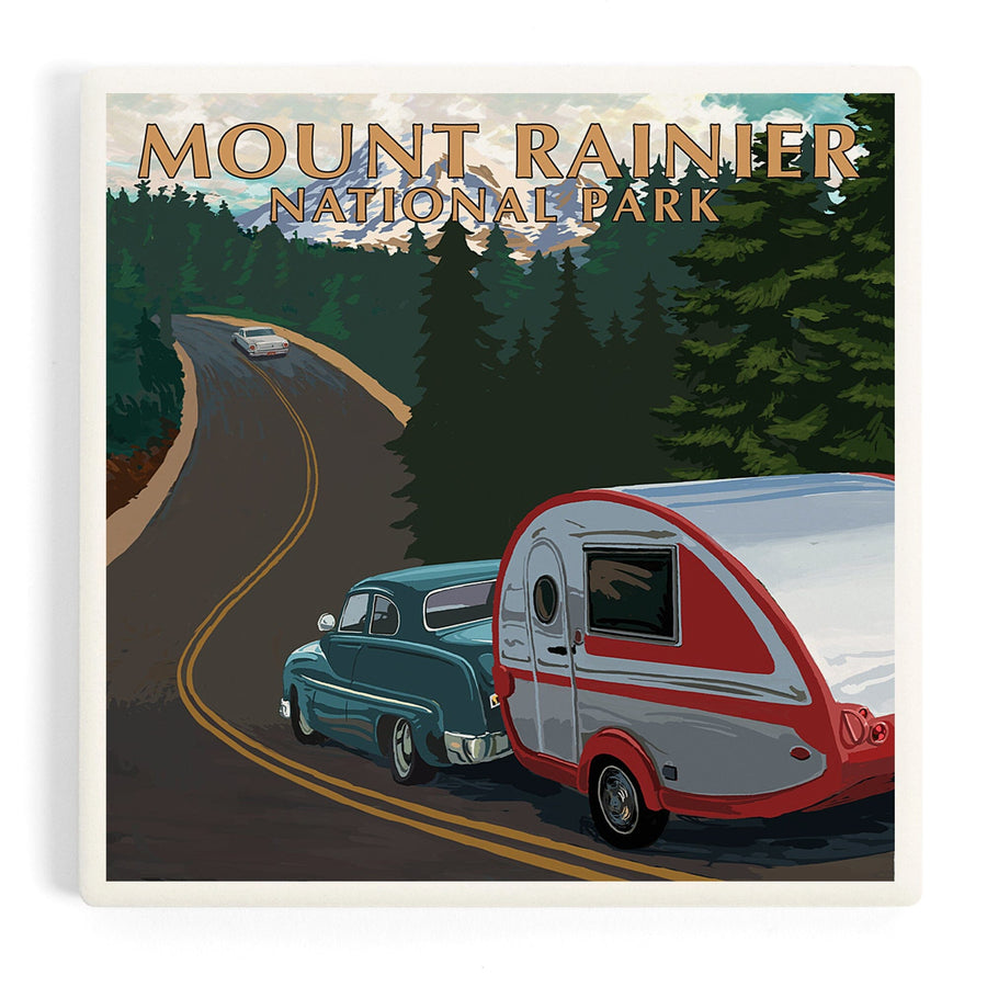 Mount Rainier National Park, Washington, Retro Camper on Road, Coasters Coasters Lantern Press 