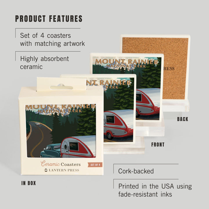 Mount Rainier National Park, Washington, Retro Camper on Road, Coasters Coasters Lantern Press 