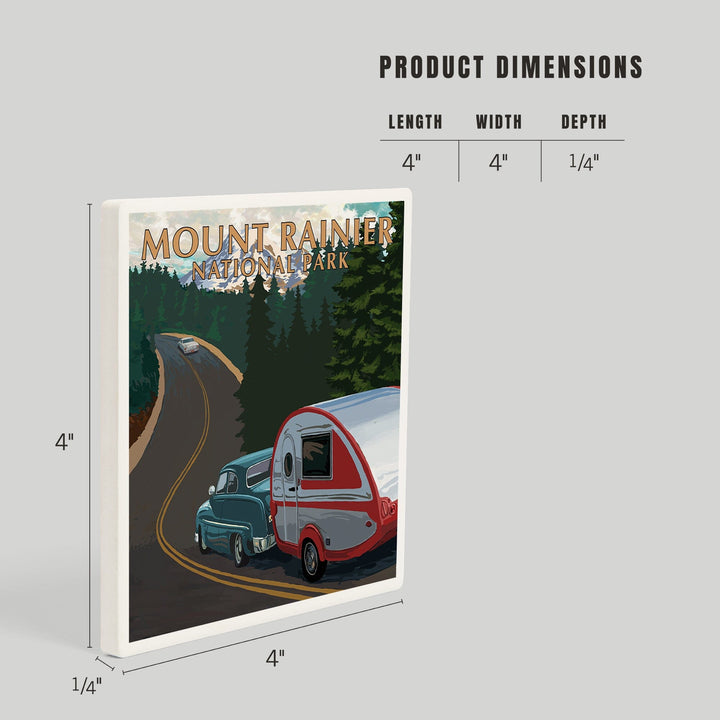 Mount Rainier National Park, Washington, Retro Camper on Road, Coasters Coasters Lantern Press 