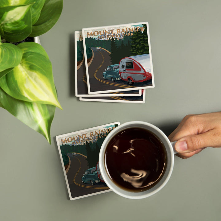 Mount Rainier National Park, Washington, Retro Camper on Road, Coasters Coasters Lantern Press 