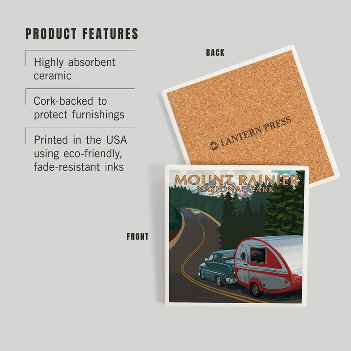 Mount Rainier National Park, Washington, Retro Camper on Road, Coasters Coasters Lantern Press 