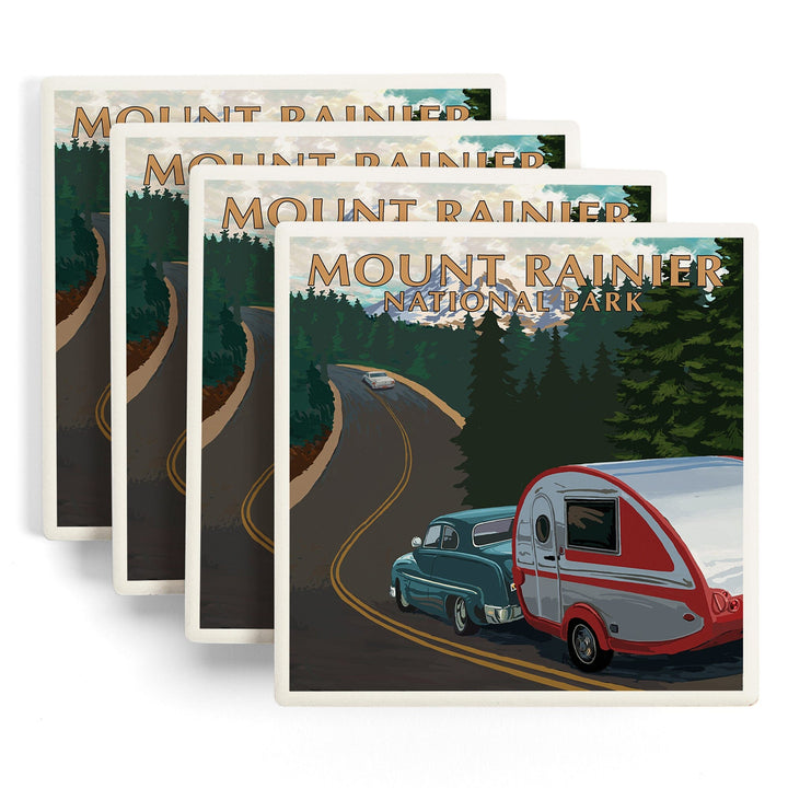 Mount Rainier National Park, Washington, Retro Camper on Road, Coasters Coasters Lantern Press 