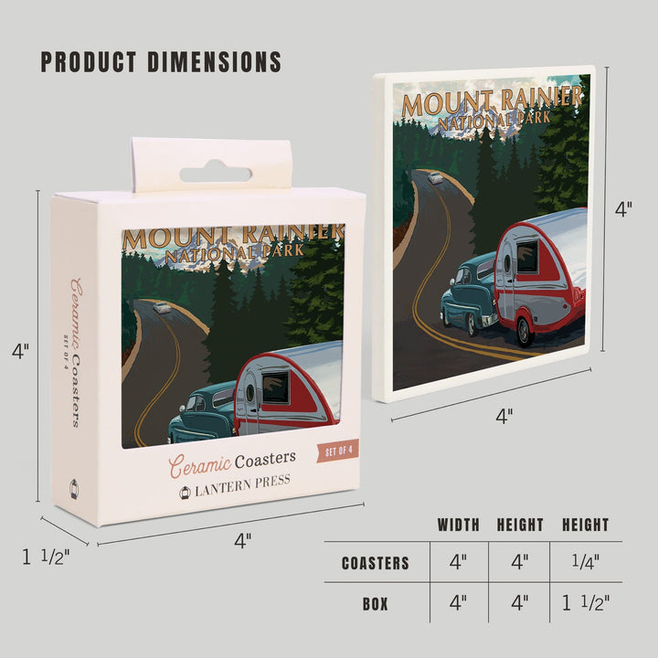 Mount Rainier National Park, Washington, Retro Camper on Road, Coasters Coasters Lantern Press 