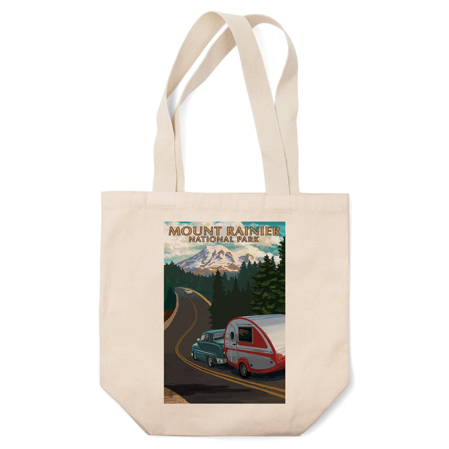 Mount Rainier National Park, Washington, Retro Camper on Road, Lantern Press Artwork, Tote Bag Totes Lantern Press 