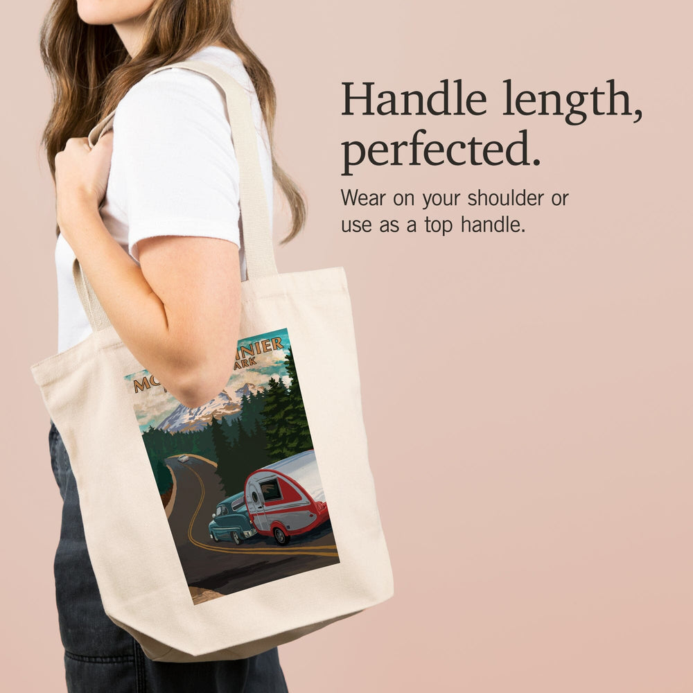 Mount Rainier National Park, Washington, Retro Camper on Road, Tote Bag Totes Lantern Press 