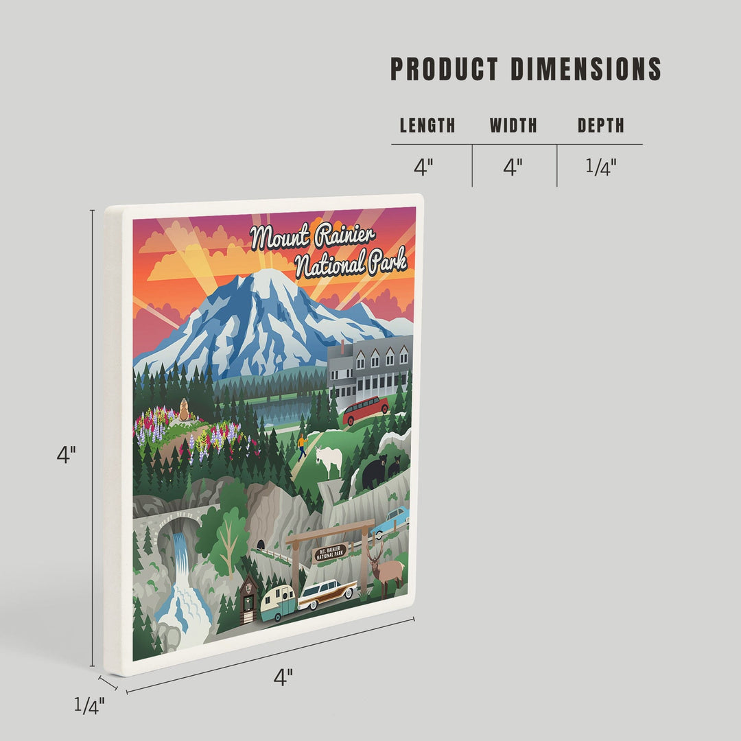 Mount Rainier National Park, Washington, Retro View, Coasters Coasters Lantern Press 