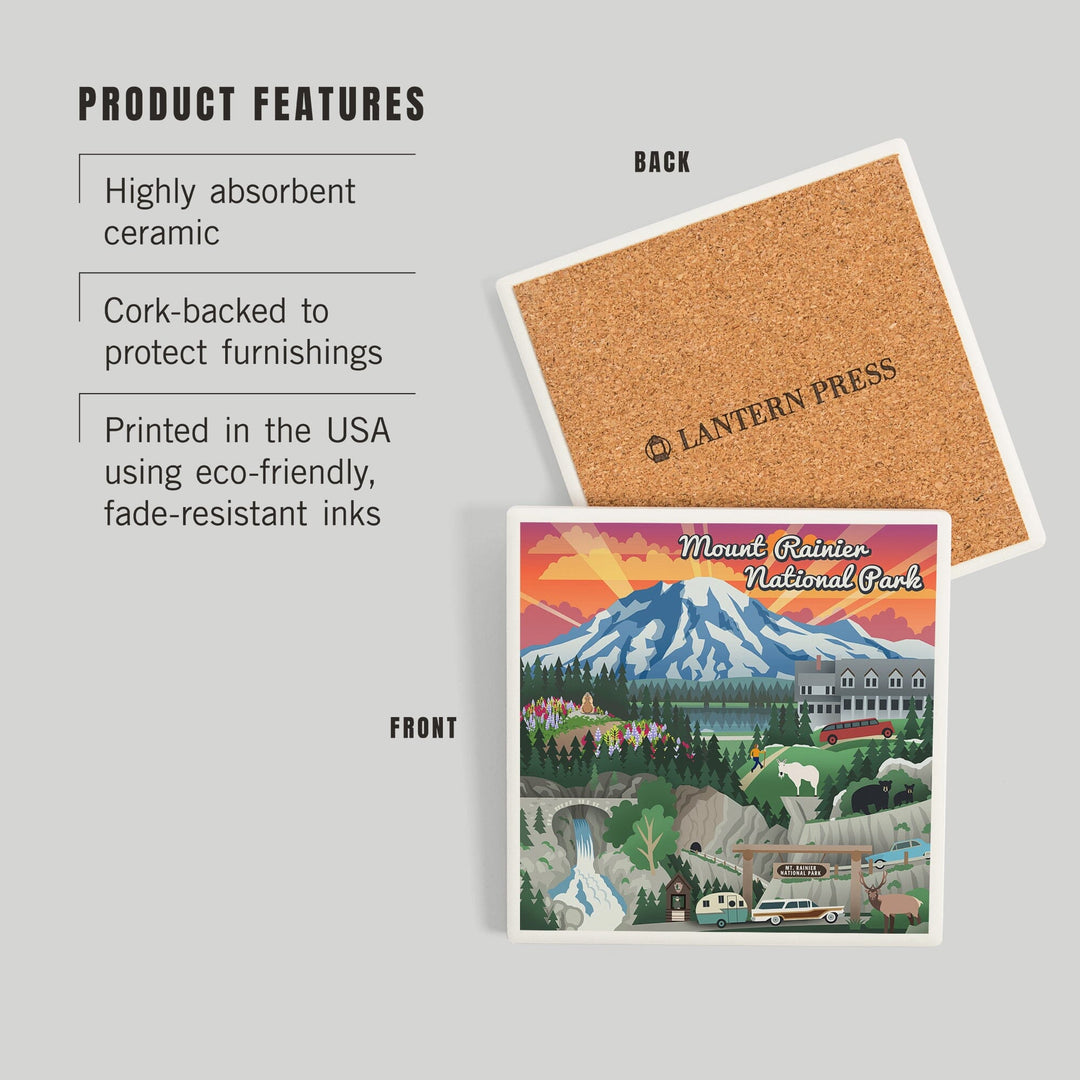 Mount Rainier National Park, Washington, Retro View, Coasters Coasters Lantern Press 