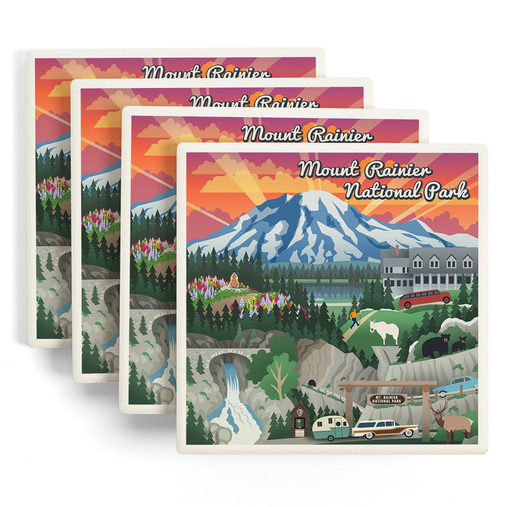 Mount Rainier National Park, Washington, Retro View, Coasters Coasters Lantern Press 