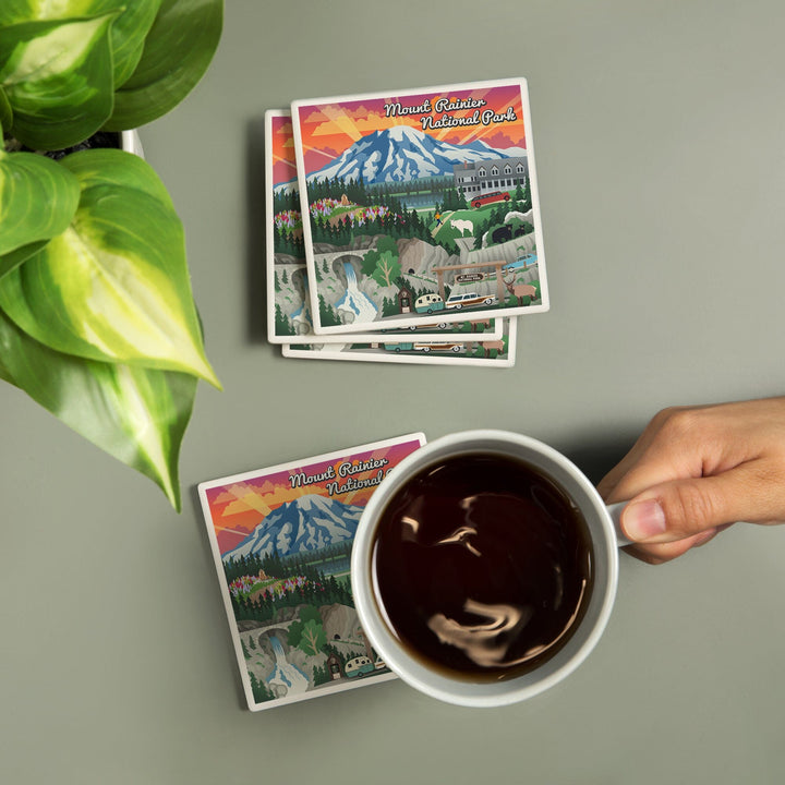 Mount Rainier National Park, Washington, Retro View, Coasters Coasters Lantern Press 