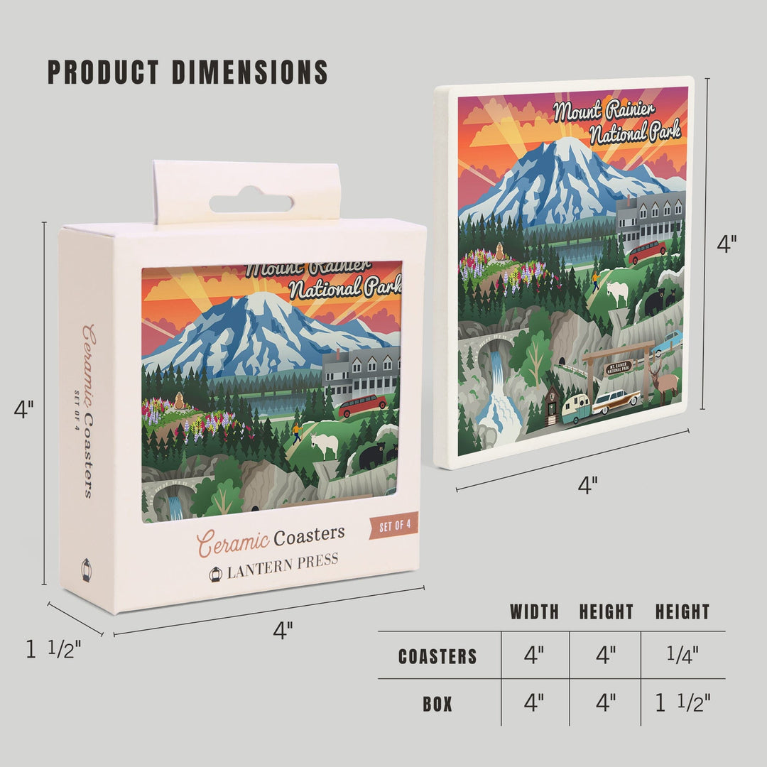 Mount Rainier National Park, Washington, Retro View, Coasters Coasters Lantern Press 