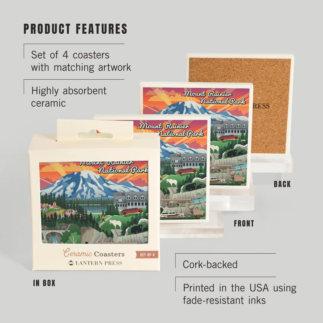 Mount Rainier National Park, Washington, Retro View, Coasters Coasters Lantern Press 