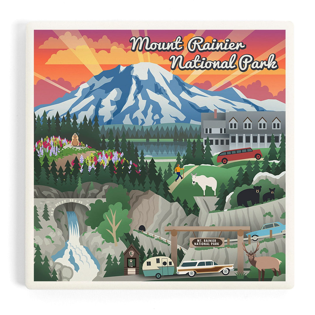 Mount Rainier National Park, Washington, Retro View, Coasters Coasters Lantern Press Coaster 