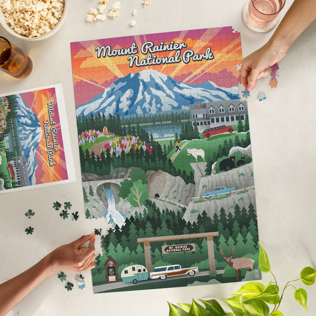 Mount Rainier National Park, Washington, Retro View, Jigsaw Puzzle Puzzle Lantern Press 