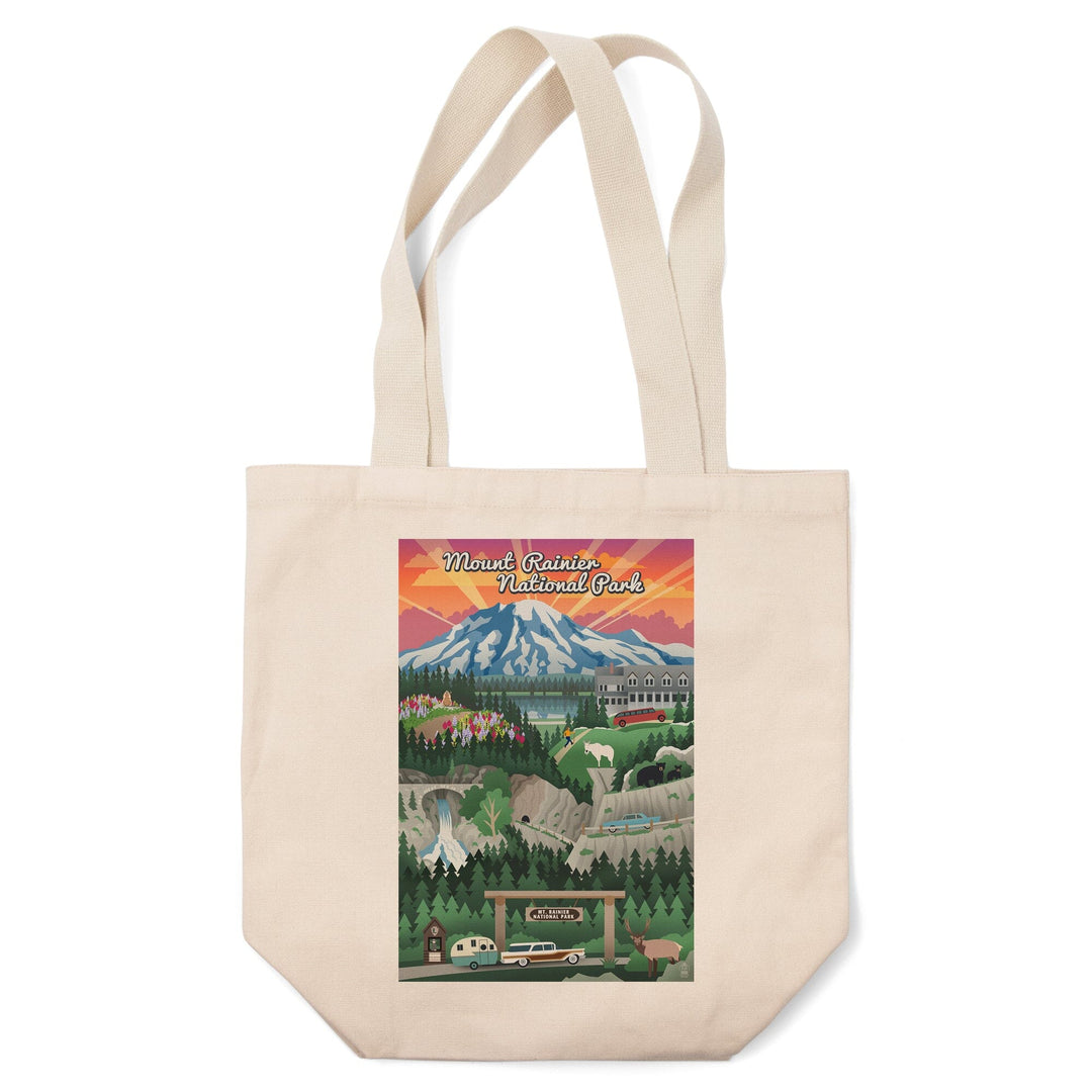 Mount Rainier National Park, Washington, Retro View, Tote Bag Totes Lantern Press 