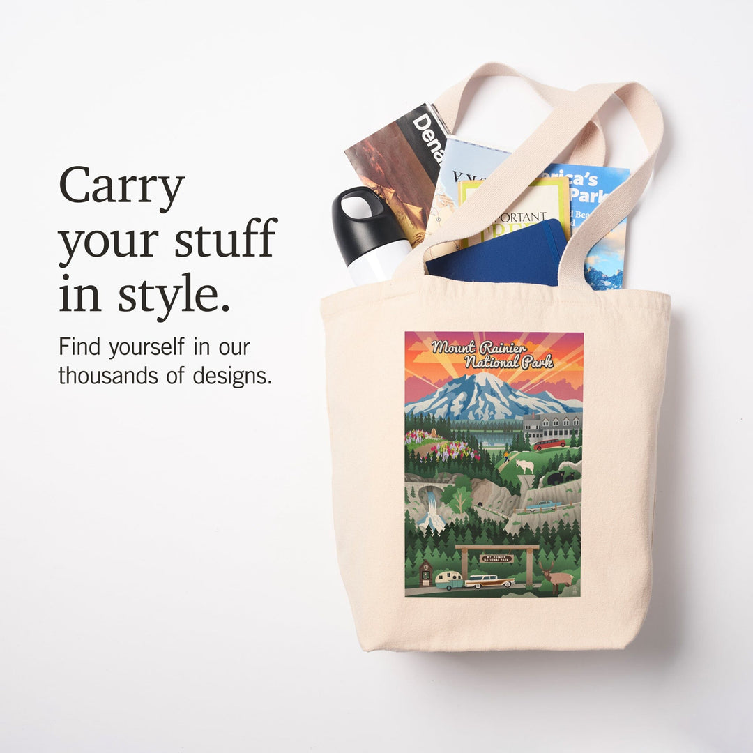 Mount Rainier National Park, Washington, Retro View, Tote Bag Totes Lantern Press 