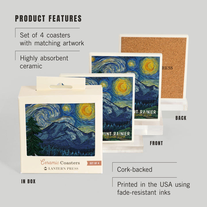 Mount Rainier National Park, Washington, Starry Night National Park Series, Coasters Coasters Lantern Press 