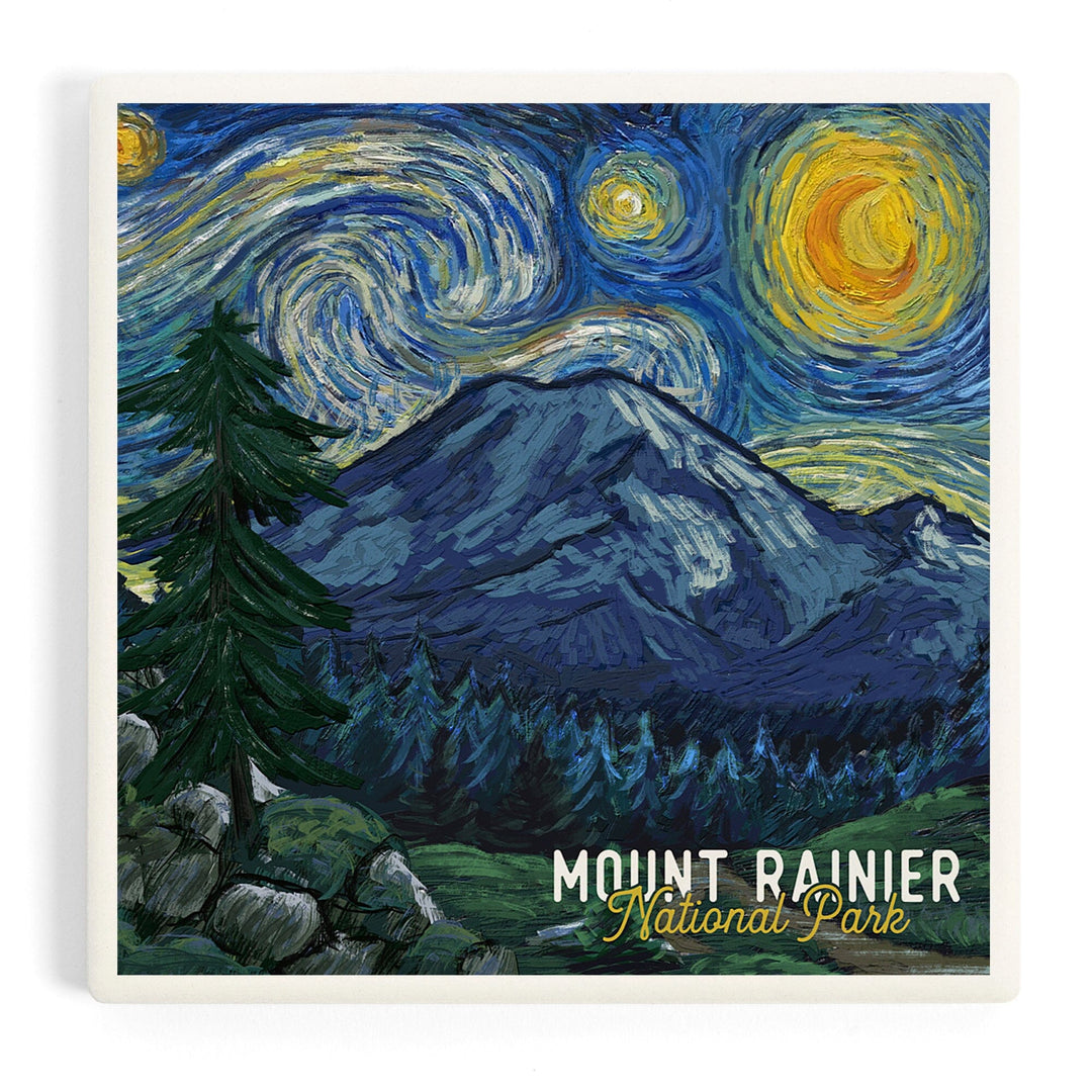 Mount Rainier National Park, Washington, Starry Night National Park Series, Coasters Coasters Lantern Press Coaster 