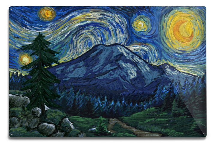 Mount Rainier National Park, Washington, Starry Night National Park Series, Contour Metal Lantern Press 12x18 Metal Sign 