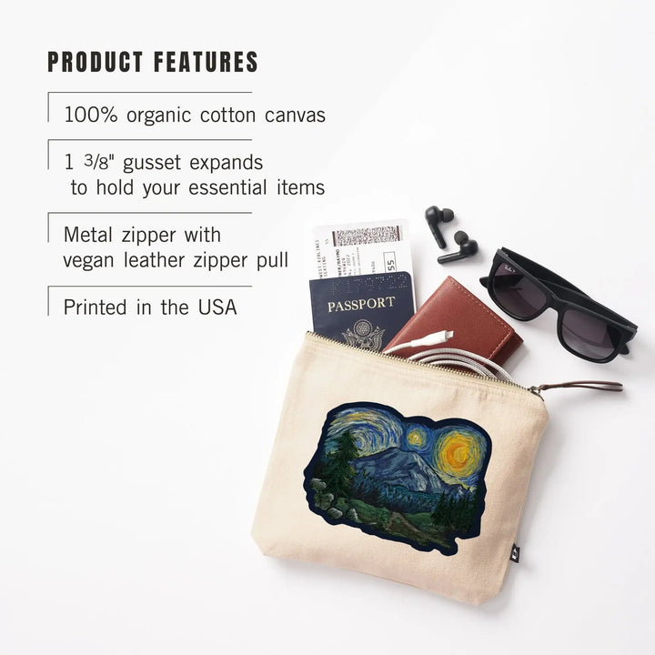 Mount Rainier National Park, Washington, Starry Night National Park Series,, Organic Cotton Zipper Pouch, Go Bag Go Bag Lantern Press 