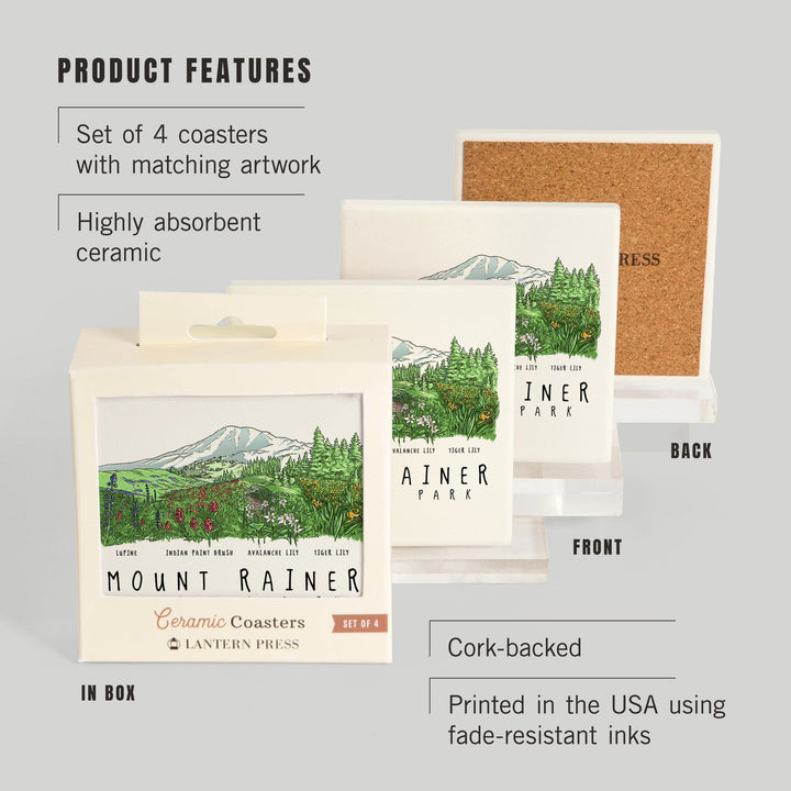 Mount Rainier National Park, Washington, Wildflower Montage, Coasters Coasters Lantern Press 