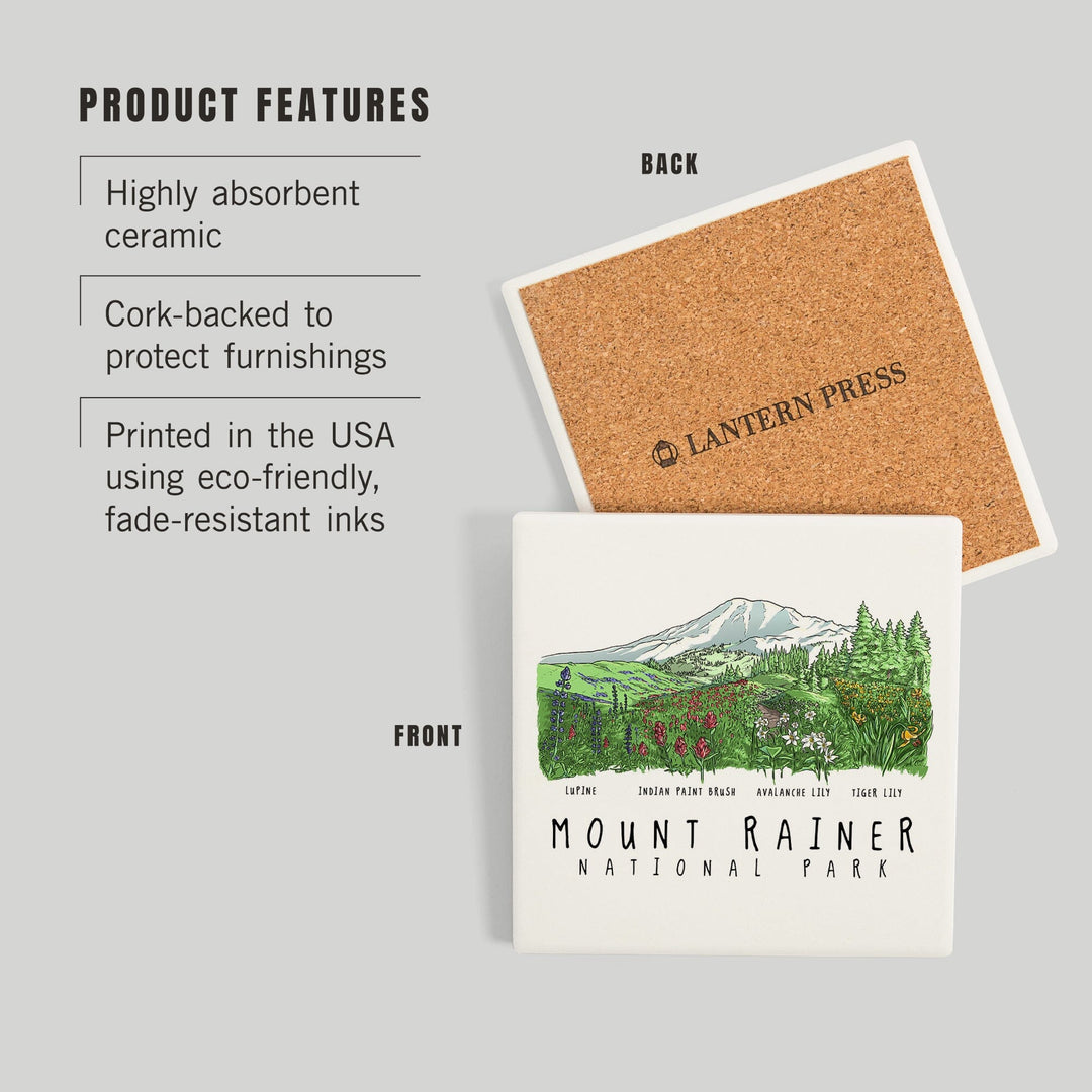 Mount Rainier National Park, Washington, Wildflower Montage, Coasters Coasters Lantern Press 