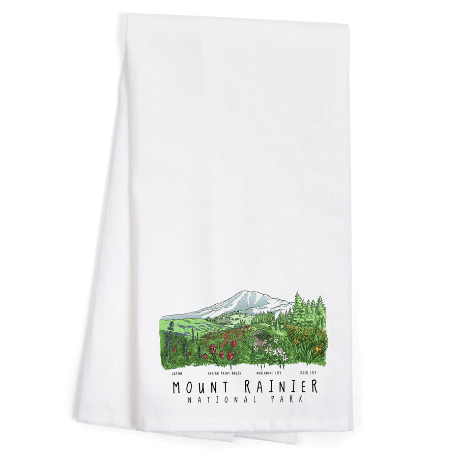 Mount Rainier National Park, Washington, Wildflower Montage, Organic Cotton Kitchen Tea Towels Kitchen Lantern Press 