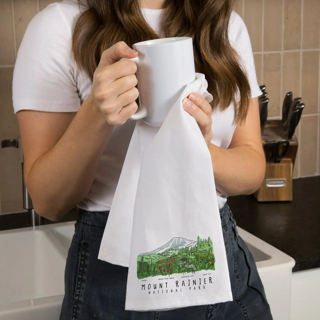 Mount Rainier National Park, Washington, Wildflower Montage, Organic Cotton Kitchen Tea Towels Kitchen Lantern Press 