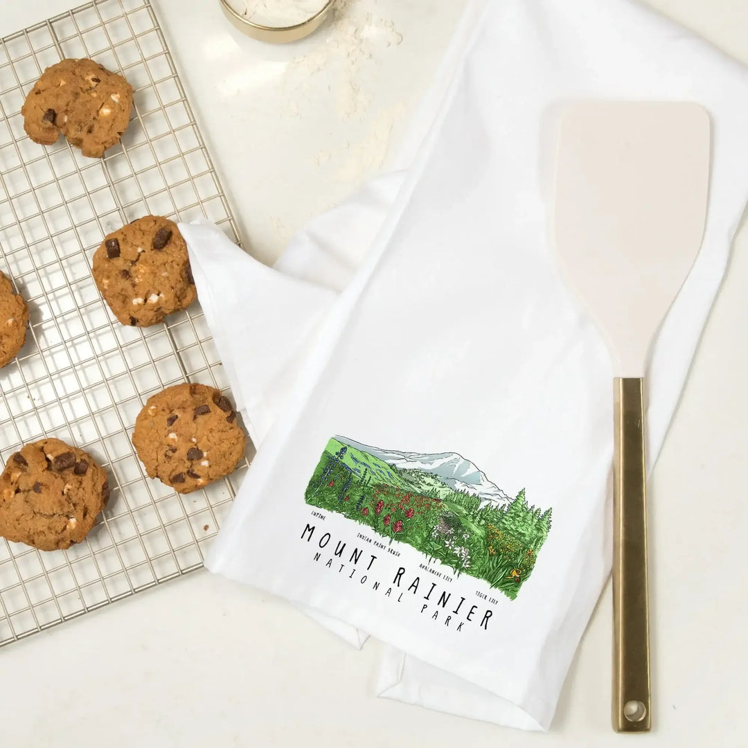 Mount Rainier National Park, Washington, Wildflower Montage, Organic Cotton Kitchen Tea Towels Kitchen Lantern Press 