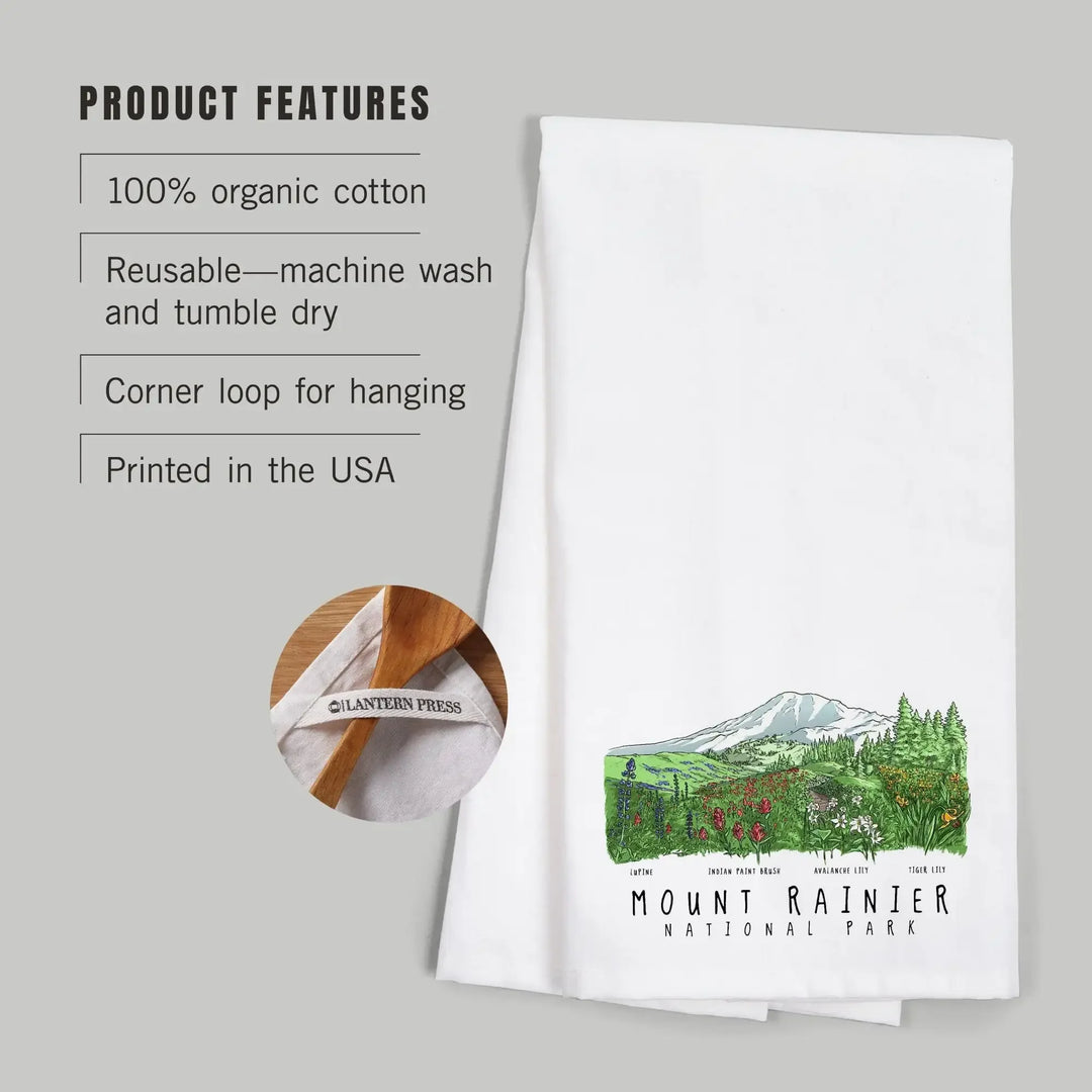 Mount Rainier National Park, Washington, Wildflower Montage, Organic Cotton Kitchen Tea Towels Kitchen Lantern Press 