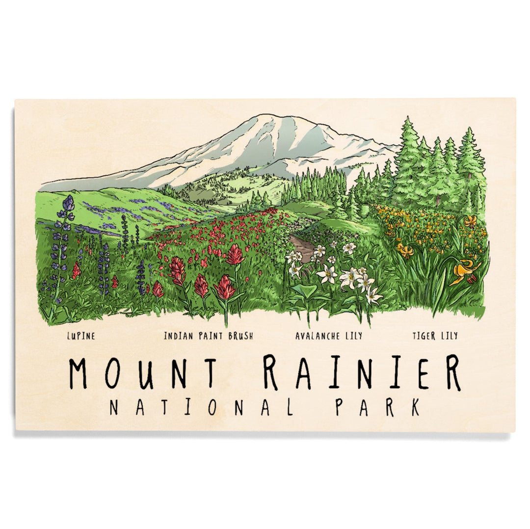 Mount Rainier National Park, Washington, Wildflower Montage, Wood Signs and Postcards Wood Lantern Press 