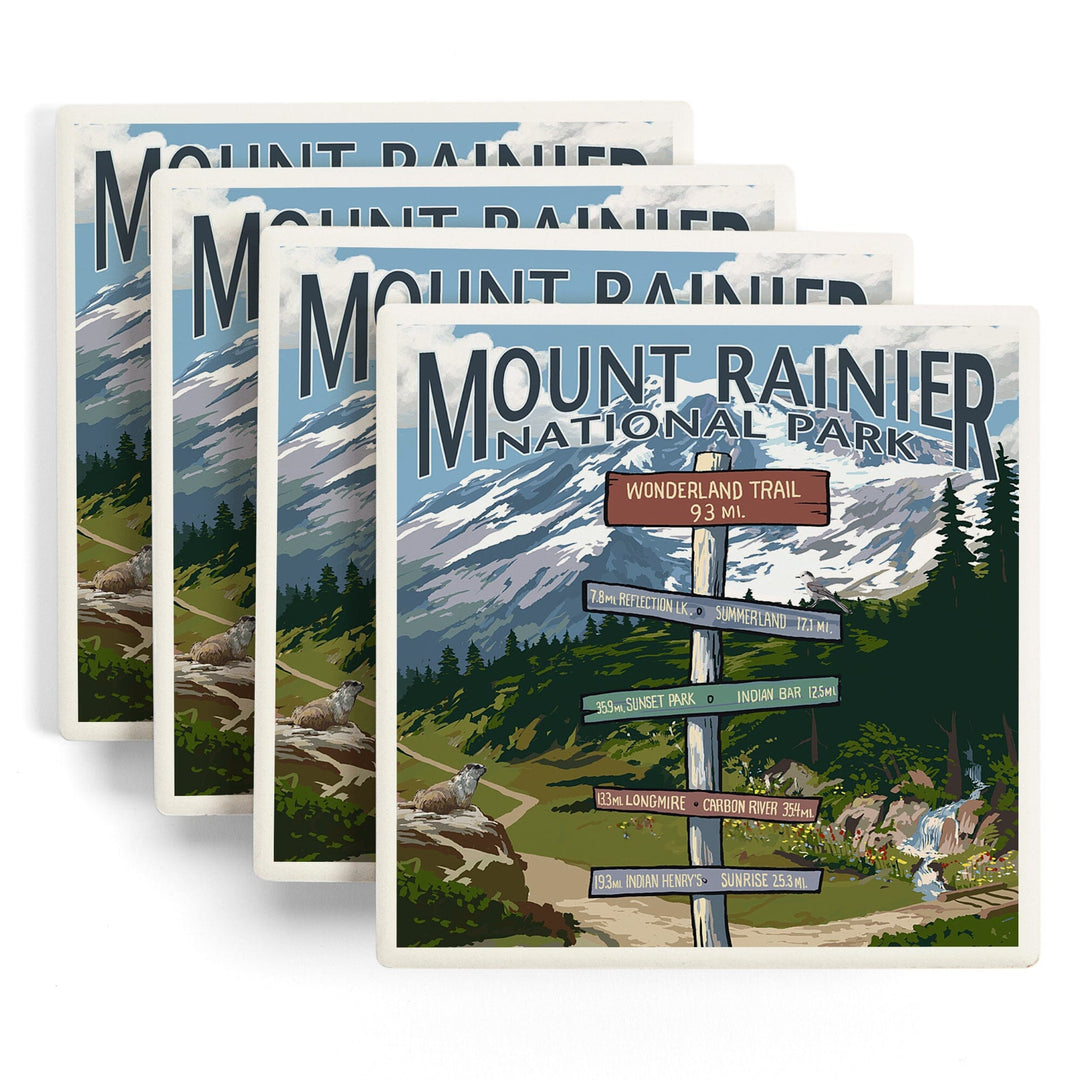 Mount Rainier National Park, Washington, Wonderland Trail Destination Sign, Lantern Press, Coaster Set Coasters Lantern Press 