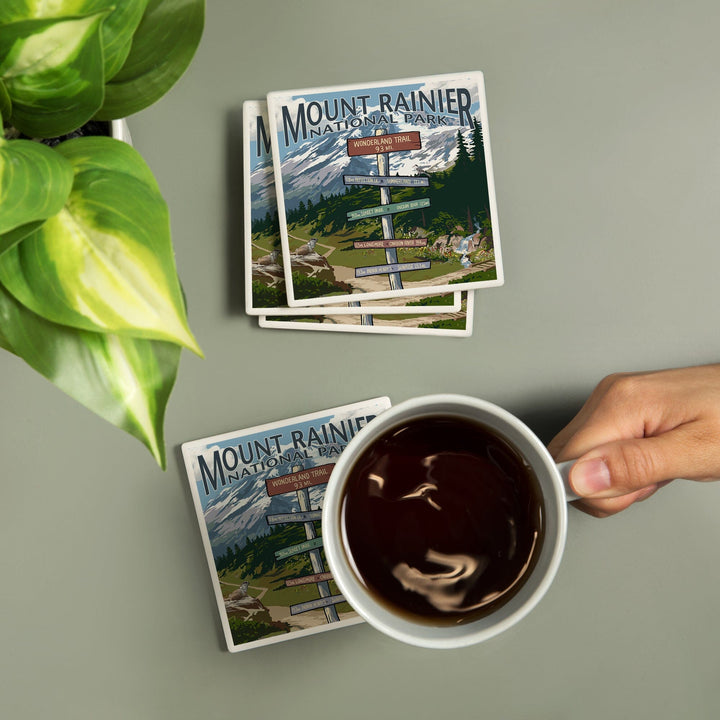 Mount Rainier National Park, Washington, Wonderland Trail Destination Sign, Lantern Press, Coaster Set Coasters Lantern Press 