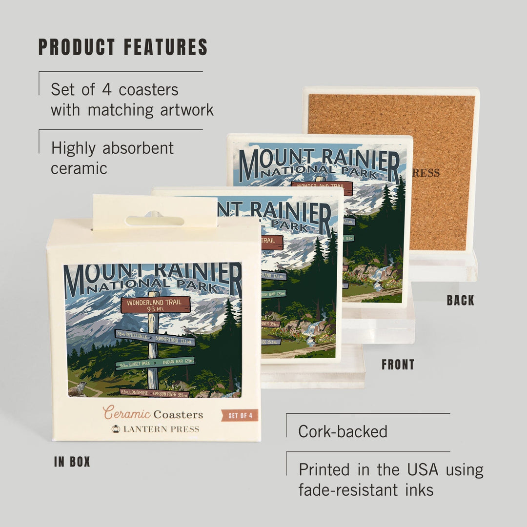 Mount Rainier National Park, Washington, Wonderland Trail Destination Sign, Lantern Press, Coaster Set Coasters Lantern Press 