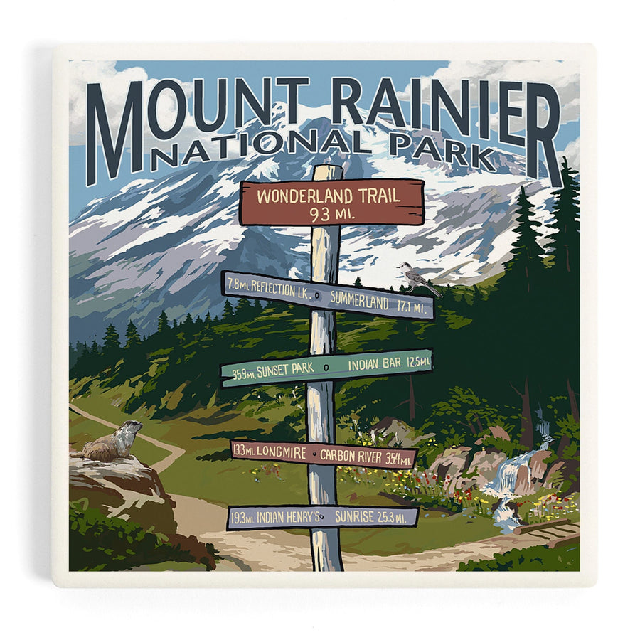 Mount Rainier National Park, Washington, Wonderland Trail Destination Sign Press, Coasters Coasters Lantern Press 