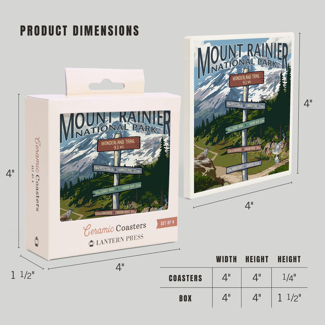 Mount Rainier National Park, Washington, Wonderland Trail Destination Sign Press, Coasters Coasters Lantern Press 