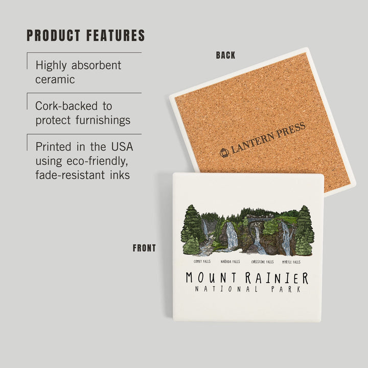 Mount Rainier National Park, Waterfall Montage, Coasters Coasters Lantern Press 