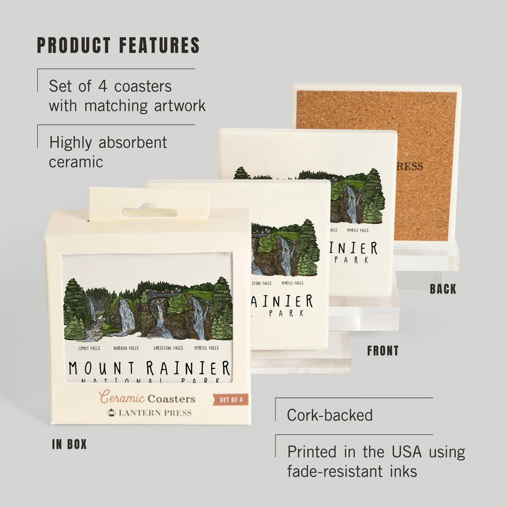 Mount Rainier National Park, Waterfall Montage, Coasters Coasters Lantern Press 