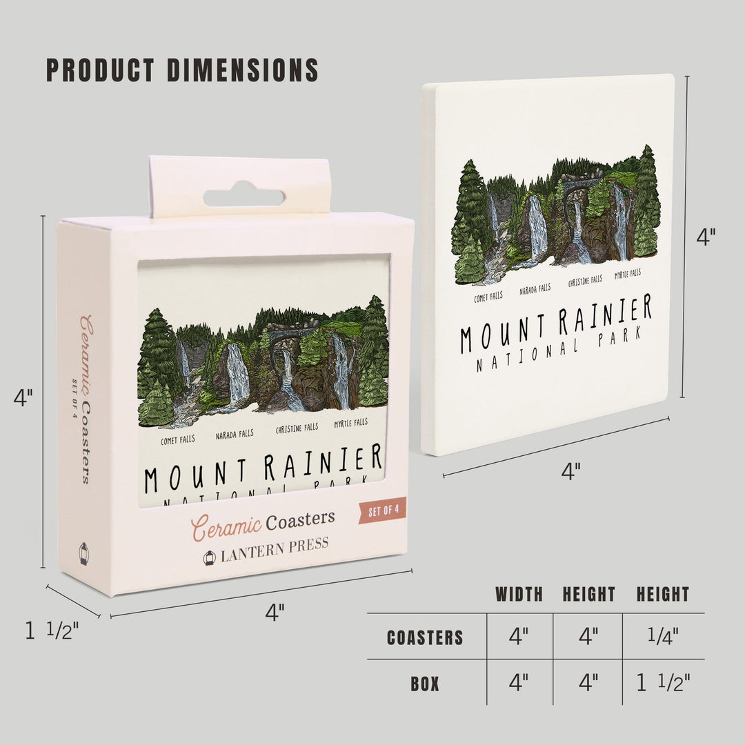 Mount Rainier National Park, Waterfall Montage, Coasters Coasters Lantern Press 