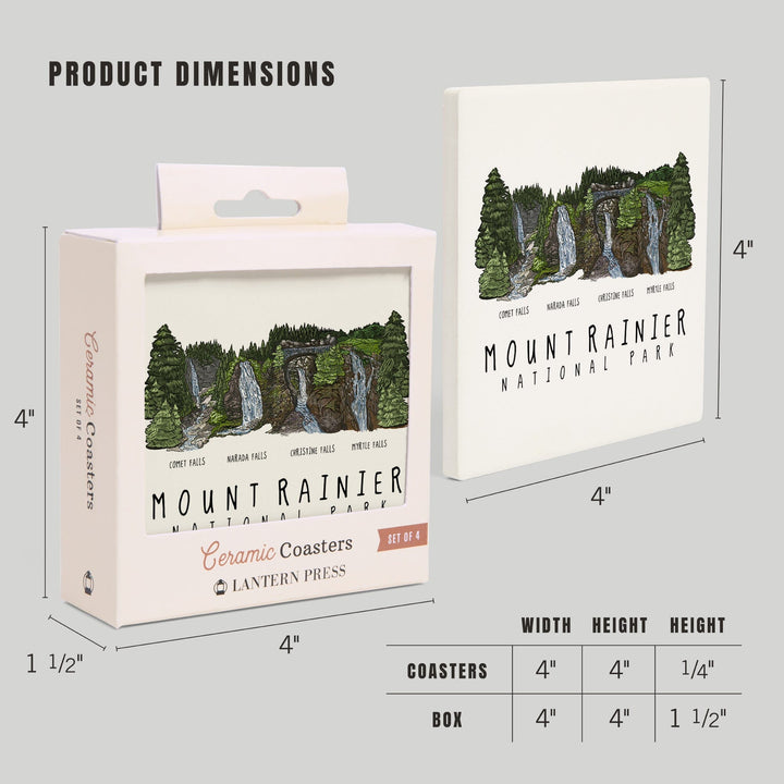 Mount Rainier National Park, Waterfall Montage, Coasters Coasters Lantern Press 