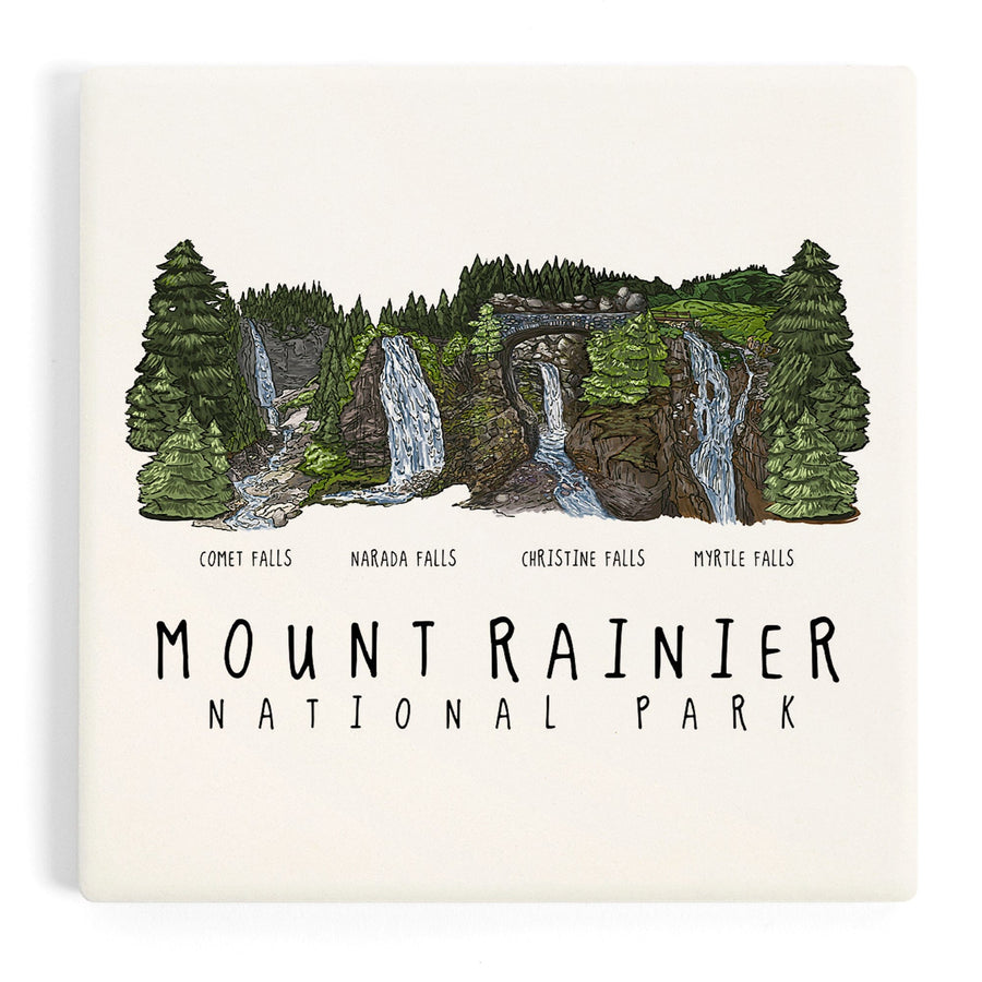 Mount Rainier National Park, Waterfall Montage, Coasters Coasters Lantern Press 