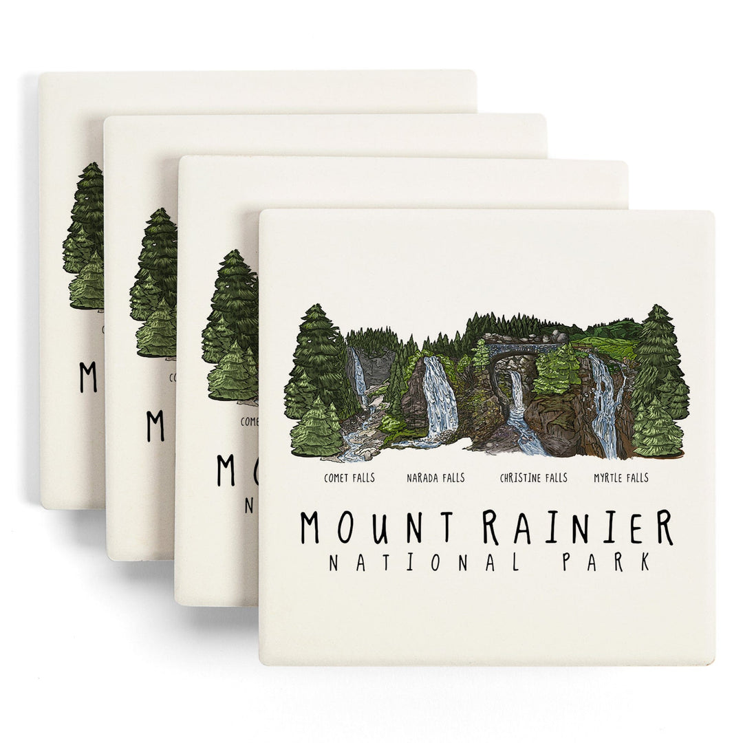 Mount Rainier National Park, Waterfall Montage, Coasters Coasters Lantern Press 