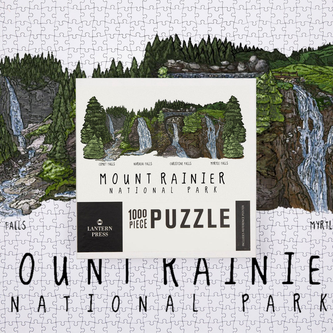 Mount Rainier National Park, Waterfall Montage, Jigsaw Puzzle Puzzle Lantern Press 