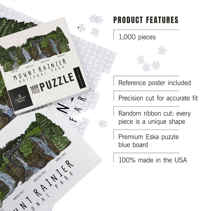 Mount Rainier National Park, Waterfall Montage, Jigsaw Puzzle Puzzle Lantern Press 