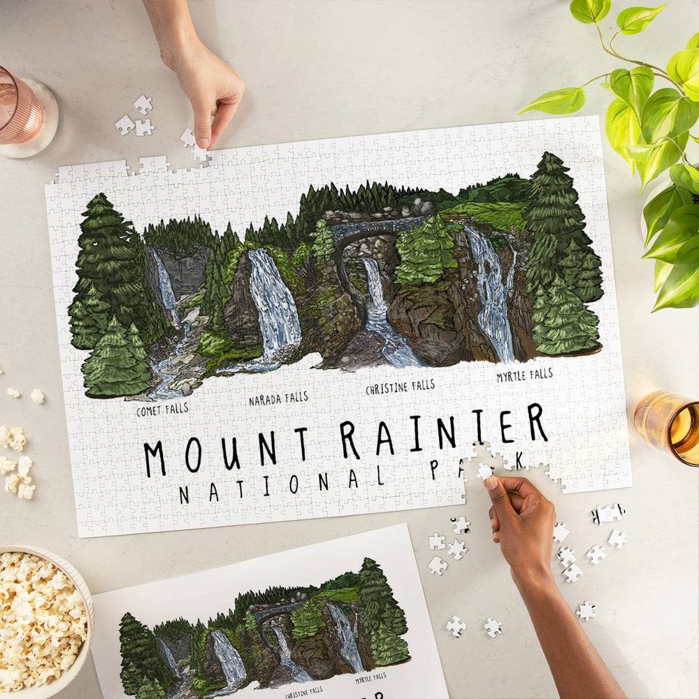 Mount Rainier National Park, Waterfall Montage, Jigsaw Puzzle Puzzle Lantern Press 