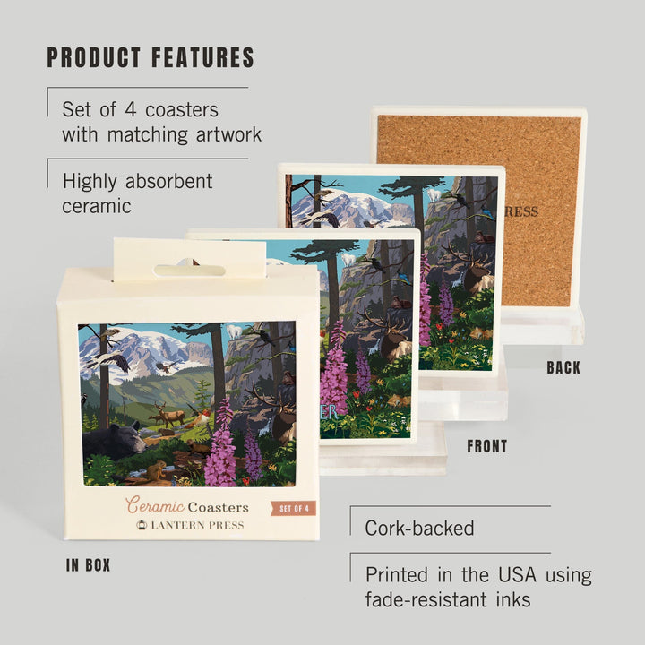 Mount Rainier National Park, Wildlife Utopia, Lantern Press Poster, Coaster Set Coasters Lantern Press 