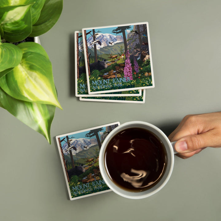 Mount Rainier National Park, Wildlife Utopia, Lantern Press Poster, Coaster Set Coasters Lantern Press 