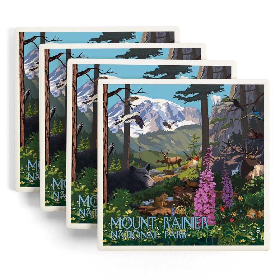 Mount Rainier National Park, Wildlife Utopia, Lantern Press Poster, Coaster Set Coasters Lantern Press 