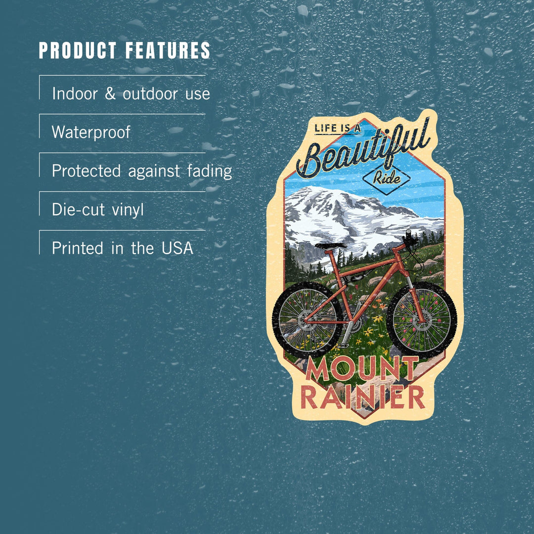 Mount Rainier, Washington, Life is a Beautiful Ride, Mountain Bike Scene, Contour, Vinyl Sticker Sticker Lantern Press 